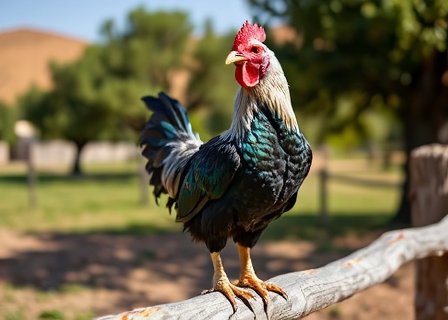 Andalusian Blue chicken on fence