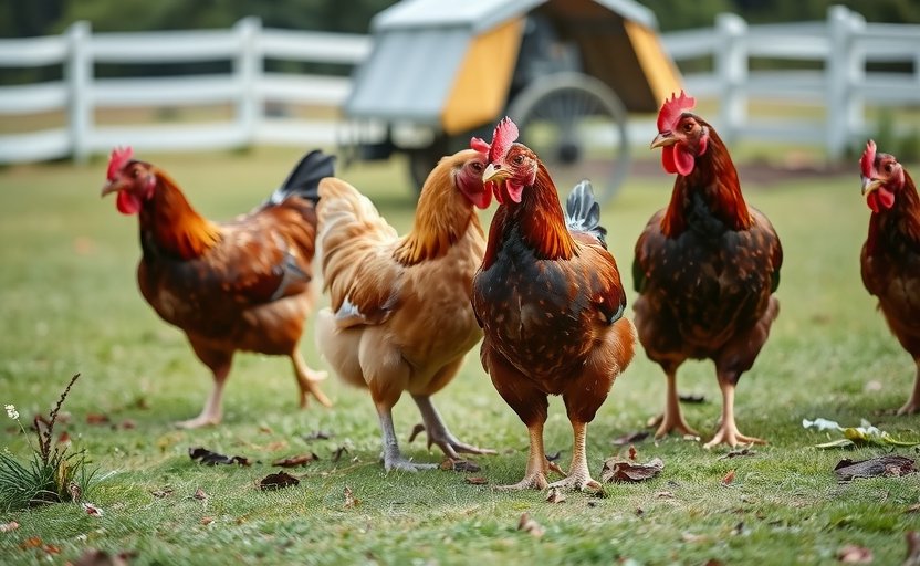 Group of healthy chickens foraging in open pasture, animal welfare education