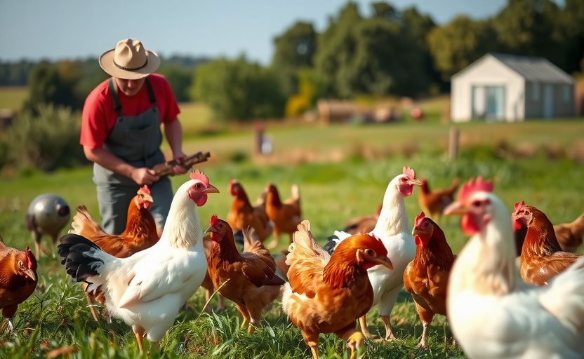 Farmer tending to free-range chickens in lush Spanish pasture, sustainable farming practices