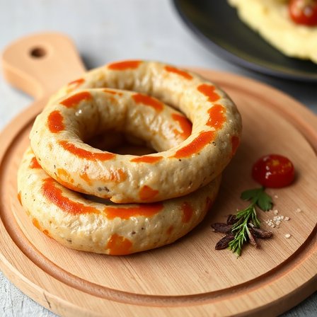 Handmade chicken sausages on wooden board