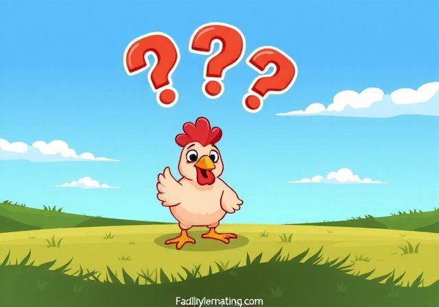 Charming illustration of a confused chicken in a green pasture, symbolizing a lost page with whimsical question marks