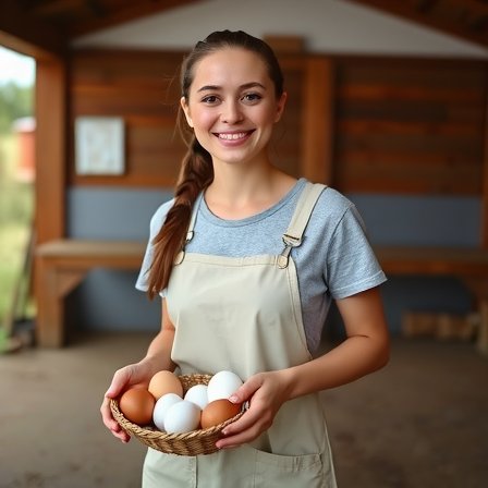 Maria, animal care specialist holding fresh eggs