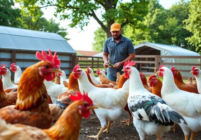 Farmer feeding chickens organic feed