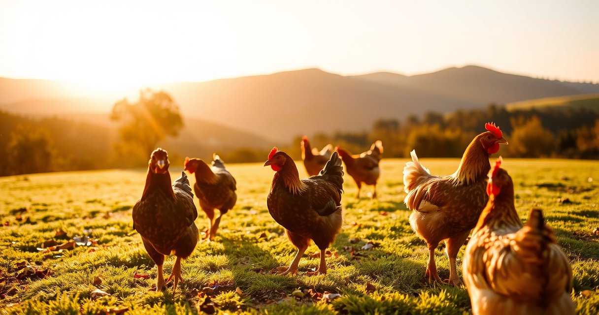 Vibrant flock of chickens roaming freely in Spanish pastures at golden hour