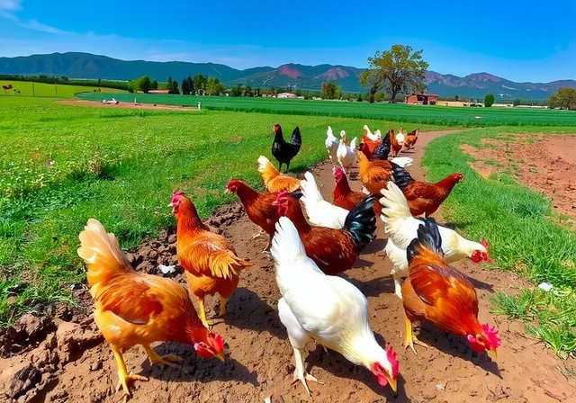 Chickens foraging in expansive pasture