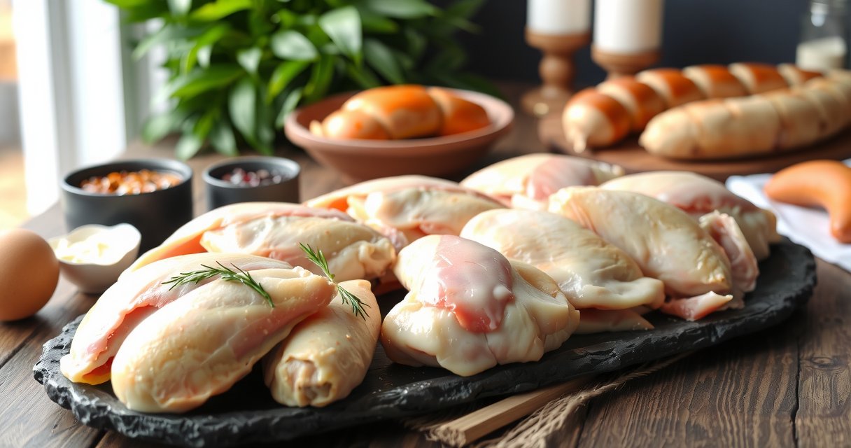 Beautifully presented selection of fresh chicken cuts, eggs, and artisanal products on a rustic table
